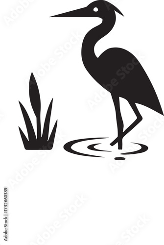 Nature landscape with birds silhouettes. Heron caught a fish on the lake. Vector illustration.