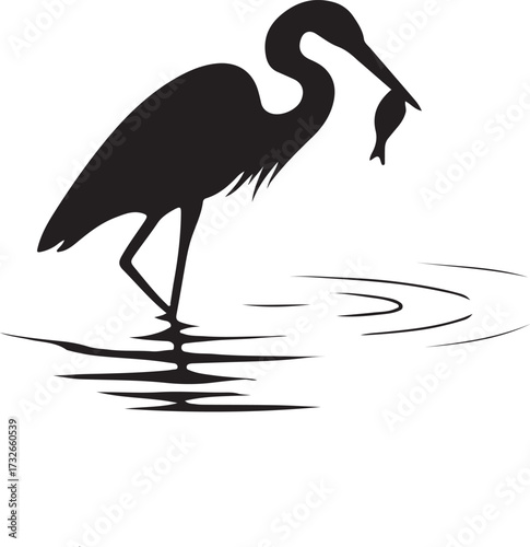Nature landscape with birds silhouettes. Heron caught a fish on the lake. Vector illustration.