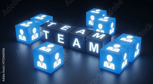 Abstract Teamwork Concept Using Glowing Cubes and Human Icons
