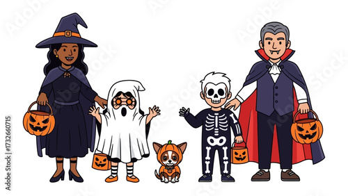 Halloween Costumes: A whimsical Halloween scene showcasing a family, each donned in creatively designed costumes, ready for a night of trick-or-treating!