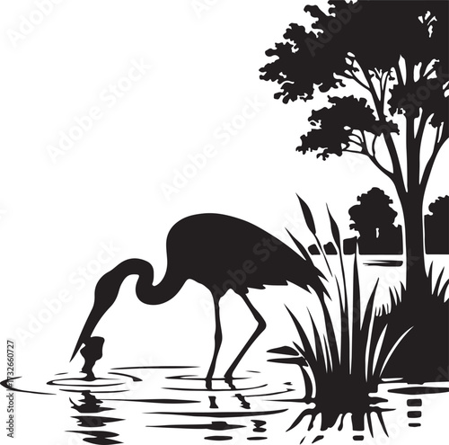 Nature landscape with birds silhouettes. Heron caught a fish on the lake. Vector illustration.