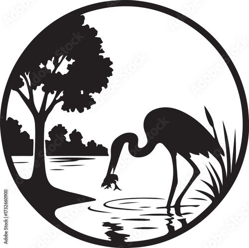 Nature landscape with birds silhouettes. Heron caught a fish on the lake. Vector illustration.