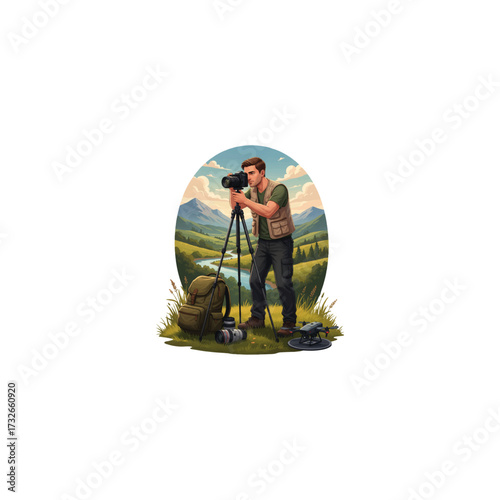 3D vector illustration, person practicing photography outdoors with tripod, hobby lifestyle, crisp clarity