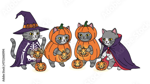 Halloween Cats Parade: Four adorable cats celebrate Halloween, dressed in a witch's costume, pumpkin outfits, and a vampire cloak, each carrying a jack-o'-lantern.