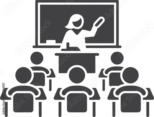 Teacher instructing students in a classroom at a blackboard