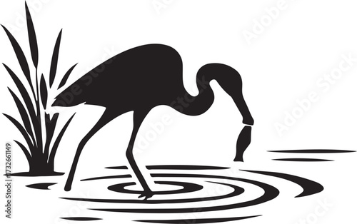 Nature landscape with birds silhouettes. Heron caught a fish on the lake. Vector illustration.