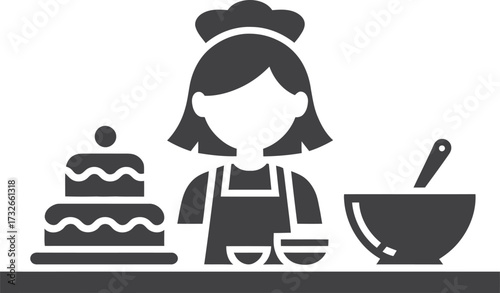 Baker woman with cake and mixing bowl icon