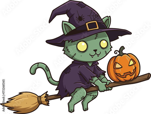 Cartoon Green Cat Witch in Tattered Purple Robe Flying on Broomstick Holding Pumpkin Lantern for Halloween Vector IllustrationCartoon Green Cat Witch in Tattered Purple Robe Flying 