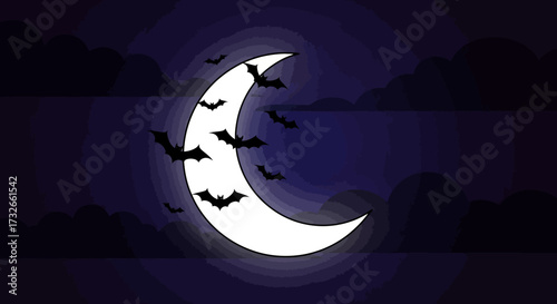 Spooky bats swarm a bright crescent moon against a dark, cloudy night sky creating a perfect Halloween or autumn atmosphere