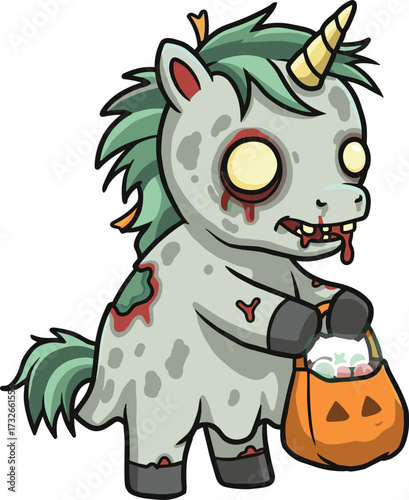 Zombie Unicorn with Pumpkin Candy Bag and Decayed Body for Halloween Horror Fantasy Cartoon Vector IllustrationZombie Unicorn with Pumpkin Candy Bag and Decayed Body for Halloween 