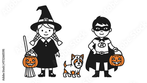 Halloween Costume Delight: A whimsical Halloween illustration featuring a girl dressed as a witch, a boy as a superhero, and a cheerful dog, all in festive costume.