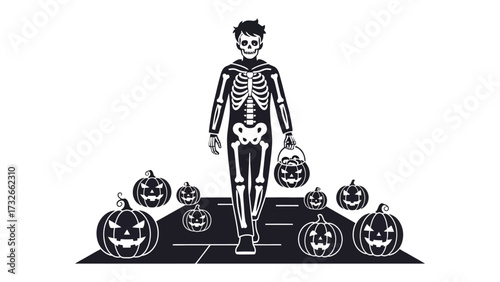 Halloween Silhouette: A captivating monochrome illustration of a person in a skeleton costume, set against a pathway, surrounded by carved pumpkins, embodies the spirit of Halloween.