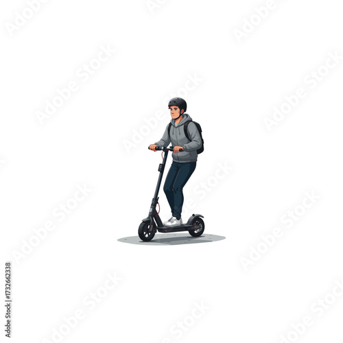3D vector illustration, man riding electric scooter, urban mobility lifestyle, crystal clear details