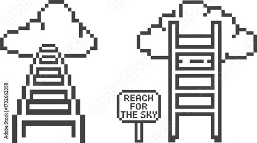Pixel art ladders reaching towards clouds with a sign saying reach for the sky