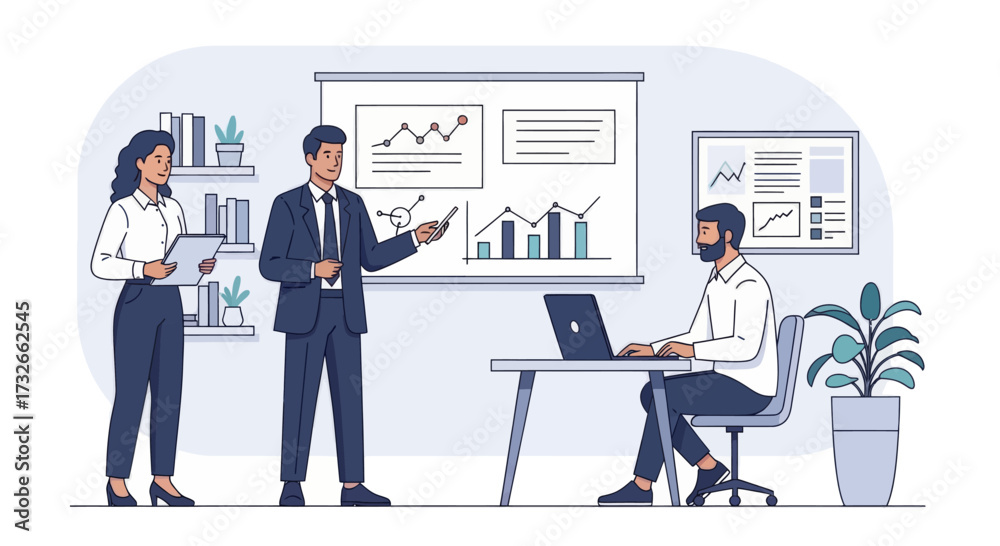 Fototapeta premium Dynamic business team reviewing quarterly results in modern office setting, focusing on growth and collaboration