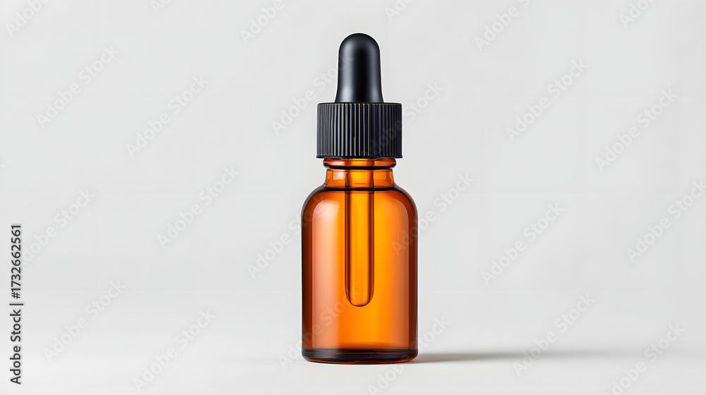 Naklejka premium Amber dropper bottle glass skincare serum cosmetic mockup minimal blank label clean packaging. Amber dropper bottle glass skincare serum cosmetic mockup minimal blank label clean packaging white