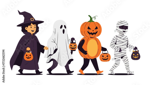 Halloween Parade: A whimsical illustration captures the spirit of Halloween, showcasing four playful figures in festive costumes, each carrying a jack-o'-lantern as they march in a joyful parade.