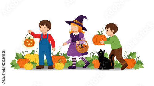 Halloween's Grand Parade: Three kids in festive costumes traverse through a pumpkin-laden landscape, sharing their vibrant spirit with all.