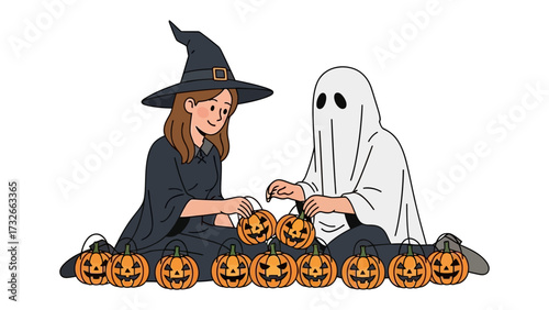 Halloween Decorators: A whimsical scene unfolds as a costumed witch and ghost team up to arrange carved pumpkins, epitomizing the fun and creativity of the Halloween season.