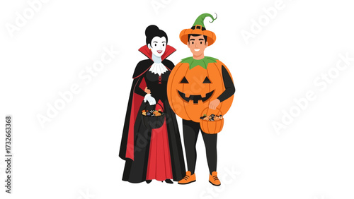 Halloween Couple: a couple dressed up in Halloween costumes (vampire and pumpkin) smiling to camera. Capturing the festive spirit and spooky essence of the Halloween season.
