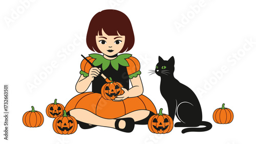 Little Halloween Pumpkin Carver: A young girl, surrounded by pumpkins and a black cat, carves a jack-o'-lantern with artistic precision, embodying the joyful spirit of autumn festivities.