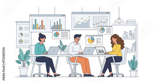 Team analyzing data trends and business reports on laptops in modern office space for strategic growth