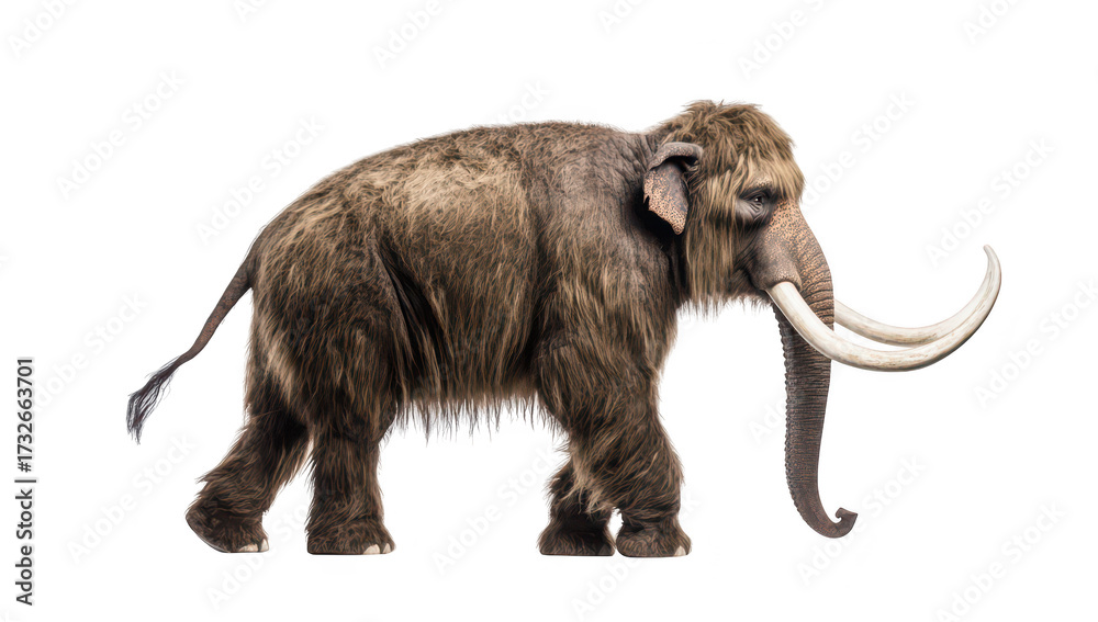 Obraz premium A realistic depiction of a woolly mammoth walking gracefully on a white background. its thick fur and long tusks. ideal for educational materials about prehistoric animals