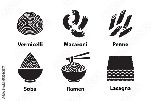 Assortment of delicious pasta and noodle shapes isolated on white background