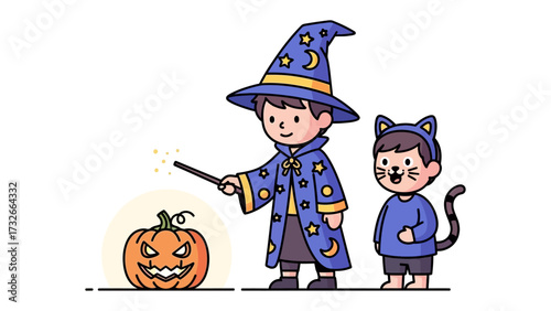 Halloween Mischief: An illustrated scene of a young wizard conjuring magic with a glowing wand near a jack-o'-lantern and another child dressed as a cat, depicting the spirit of Halloween.