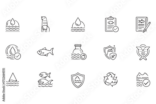Icons related to water quality, aquatic life, and environmental protection, isolated on transparent background world tourism day design