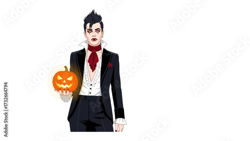 Halloween Vampire Holding Pumpkin: A striking illustration depicts a classic vampire holding a carved pumpkin. It embodies the eerie spirit of Halloween.