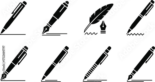 Writing instrument icons, black and white pen silhouettes, fountain and ballpoint pen drawing styles, minimal design elements, educational graphic art, sketch tool illustration