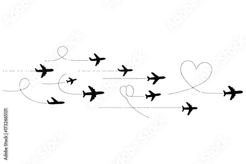 A flock of airplanes flying in formation with dotted lines showing their flight paths, including a heart shape, isolated on transparent background world tourism day design