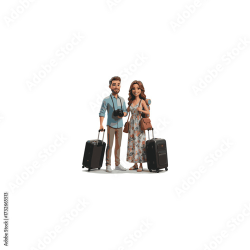 3D vector illustration, couple traveling with luggage and camera, tourism lifestyle, photorealistic details