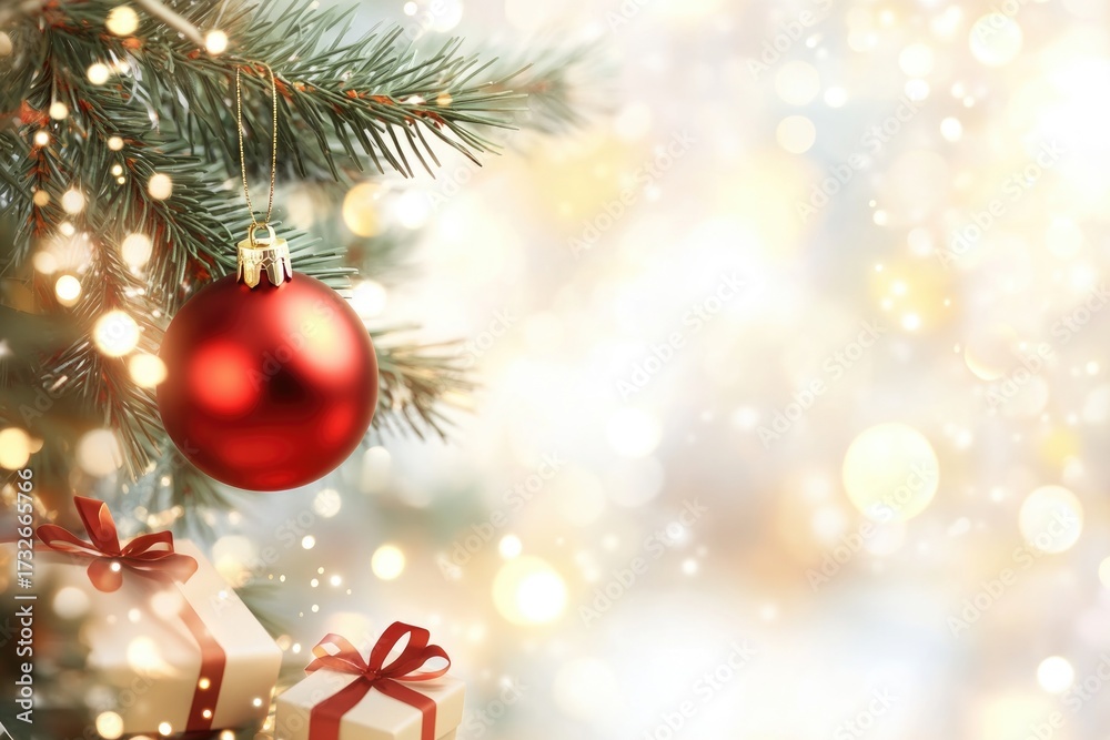 Fototapeta premium Festive christmas scene with red ornament and wrapped gifts under pine branches