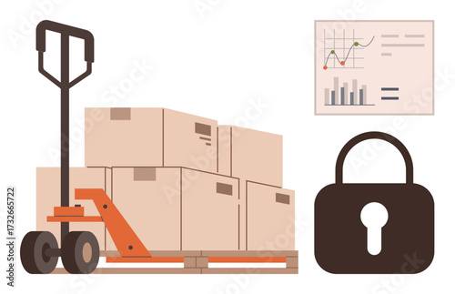 Pallet loader with stacked boxes, chart of trends and statistics, and padlock symbolizing logistics safety. Ideal for supply chain, inventory, security, business strategy, analysis, shipping