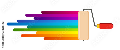 Creative paint roller illustration spreading vibrant rainbow stripes, colorful design concept perfect for art, decoration, or graphic projects.