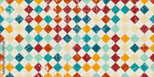 Distressed colorful diamond pattern with vintage grunge effect, retro decorative texture ideal for wallpaper, fabric, or creative graphic design.