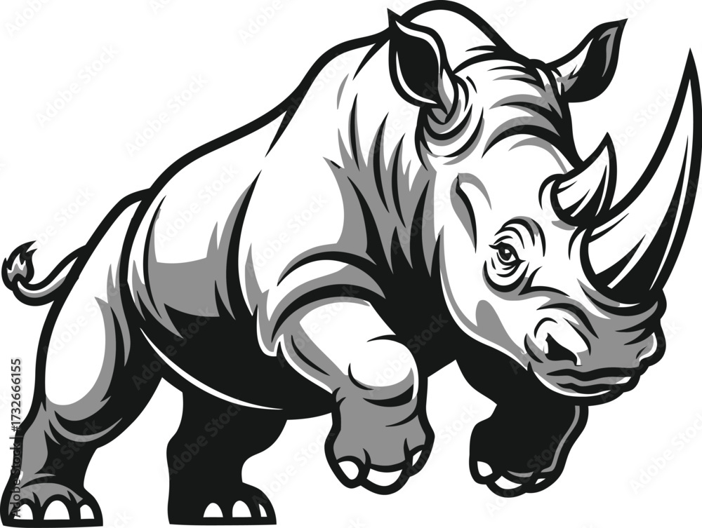 Fototapeta premium Gray charging rhinoceros, powerful mammal, wildlife illustration