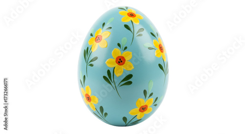 Obraz na plátne Hand-painted Easter egg isolated, light blue with yellow flowers, spring holiday