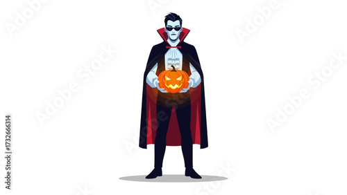 Vampire with Pumpkin: A menacing figure dressed as a vampire, bathed in the light of a glowing carved pumpkin, embodying Halloween's dark spirit.
