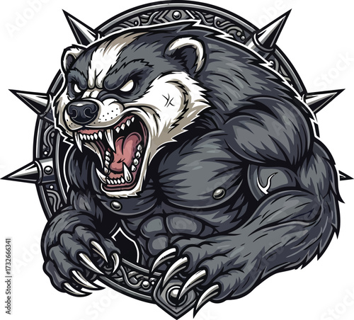 Ferocious badger warrior with spiked shield, fantasy illustration
