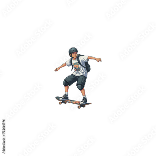 3D vector illustration, teenager skateboarding with helmet, street lifestyle, ultra sharp rendering