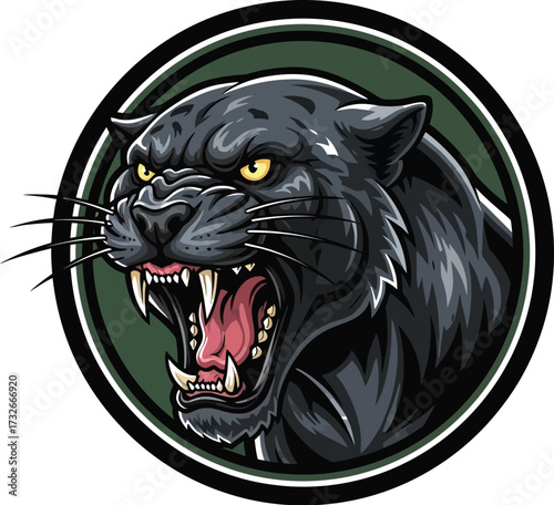 Ggressive black panther roaring in a circle, fierce predator