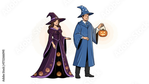 Halloween Couple in Costume: A charming illustration of a costumed couple ready for Halloween, one dressed as a witch and the other a wizard, with a jack-o'-lantern.