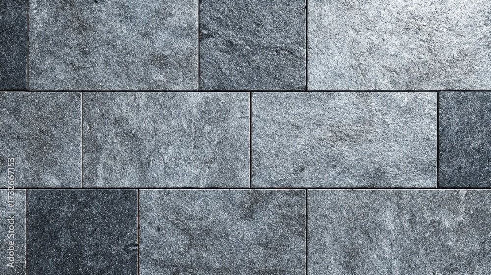 Fototapeta premium Stone wall background showing textured grey slate tiles creating a seamless pattern, offering a natural and rustic surface design for architecture and construction concepts