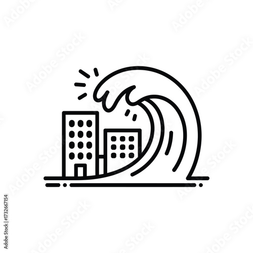 Tsunami wave crashing over city buildings illustration