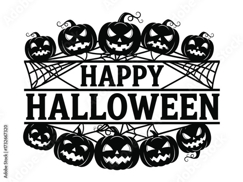 Spooky Halloween Greetings: A frightful assortment of carved pumpkins, webbed, and illuminated with an eerie glow, forming a haunting message against a dark backdrop, conveying festive terror.