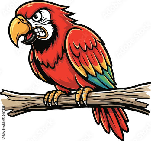 Ngry scarlet macaw perched on a branch, cartoon illustration