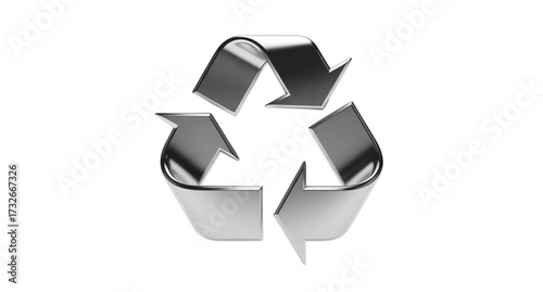 3D metallic recycle symbol with three arrows forming a triangle loop, isolated on a transparent background, representing sustainability, eco-friendly concepts, and environmental conservation.